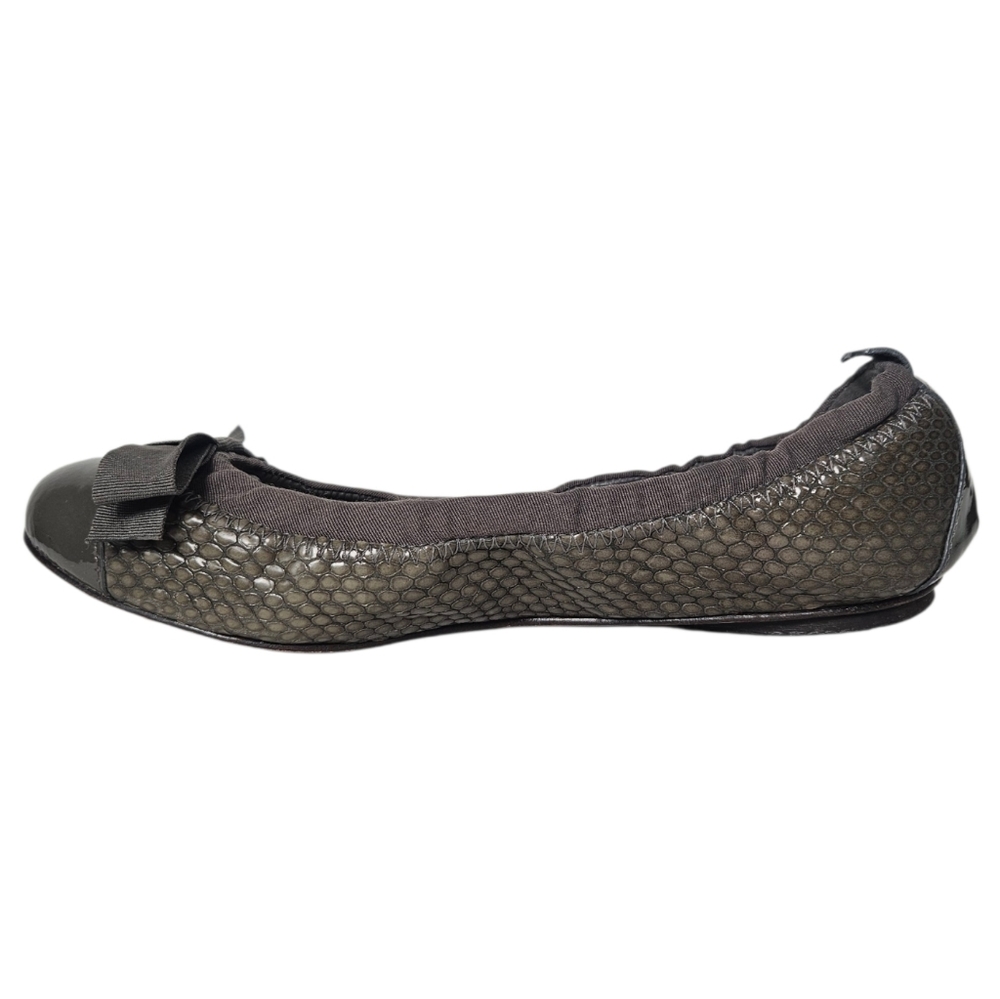 Tory Burch Snake-Effect Cap Toe Leather Ballet Flats Bow Gray 6.5 - Picture 5 of 9